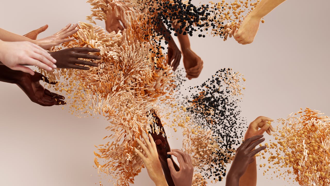 Creative image showcasing diverse human hands blending into an abstract art form.